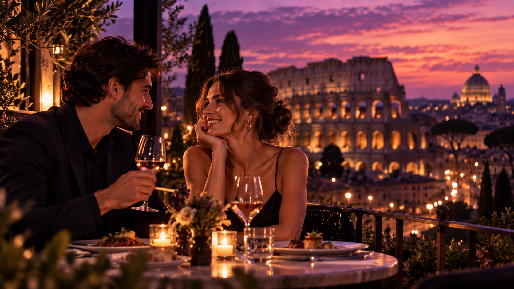 Pareja brindando en una terraza con vistas a una ciudad italiana