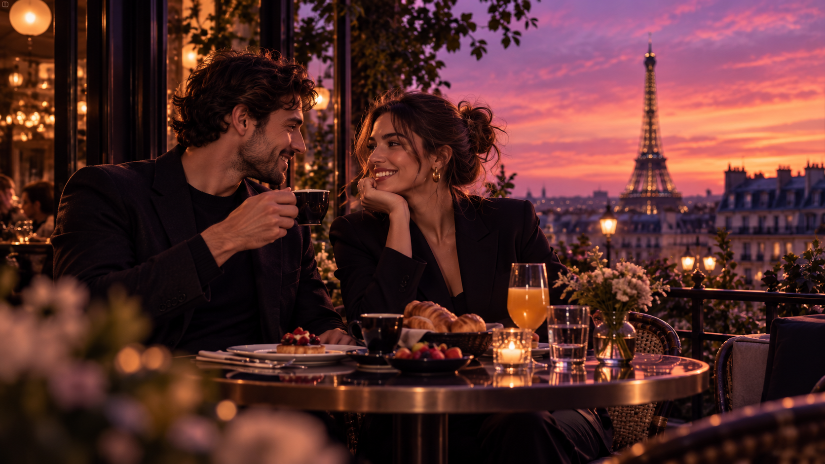 Pareja disfrutando de un brunch en una terraza de París